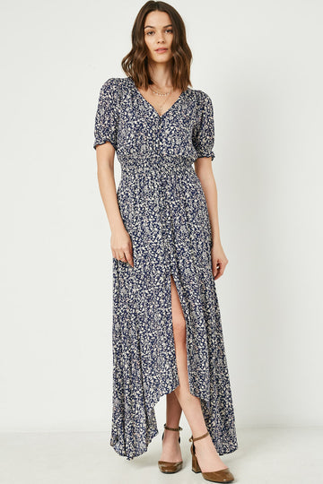 H7411 Navy Womens Floral Ruched Waist Maxi Dress Front 2